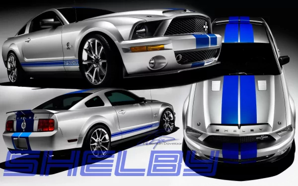 HD desktop wallpaper and background featuring the Ford Mustang Shelby GT500. The vehicle is showcased in multiple angles with a silver and blue color scheme, emphasizing its sleek design and performance.