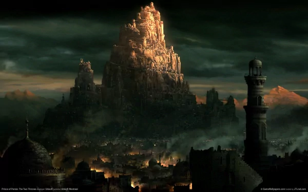 A stunning HD wallpaper from Prince of Persia: The Two Thrones, showcasing a forgotten city nestled against a towering mountain under a dramatic sky.