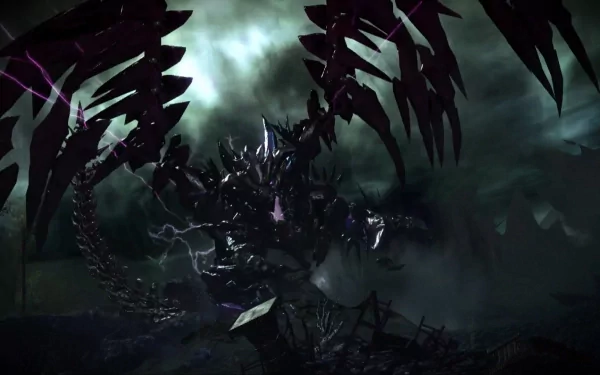 Dark, menacing dragon from Guild Wars 2 emerges amid stormy skies in this HD PC desktop wallpaper and background.