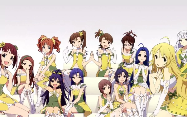 HD desktop wallpaper of The iDOLM@STER idols posing together: Haruka Amami, Chihaya Kisaragi, Miki Hoshii, Yukiho Hagiwara, Hibiki Ganaha, Makoto Kikuchi, Iori Minase, Azusa Miura, Yayoi, Takane, Ritsuko, Ami & Mami.