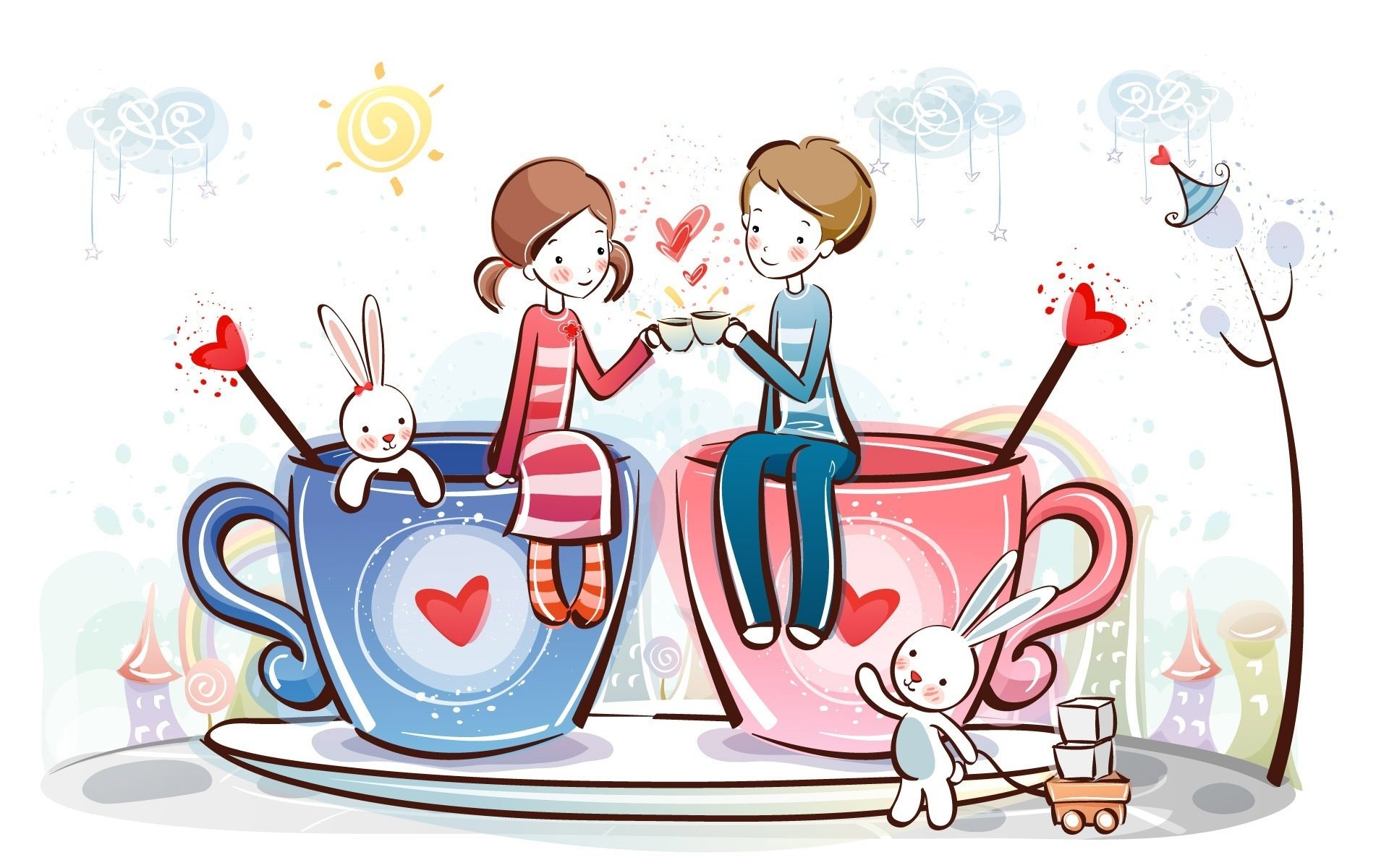 HD wallpaper featuring a cute, artistic scene of a couple holding hands while sitting in giant teacups, with playful rabbits, hearts, and whimsical decor, conveying themes of love and affection.