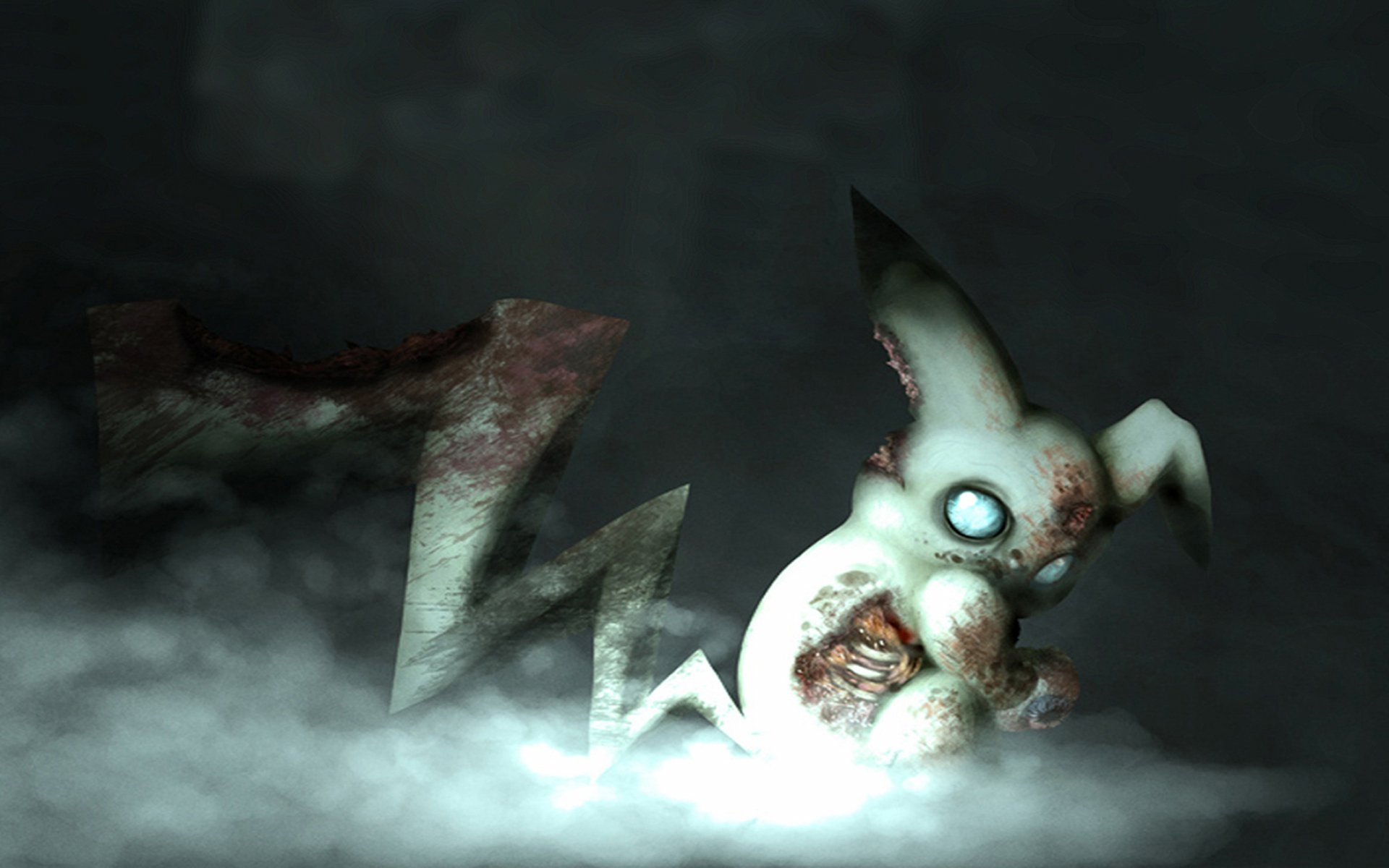 HD desktop wallpaper featuring an eerie, deteriorated Pikachu from the Pokémon video game series, standing in a foggy, dark environment.