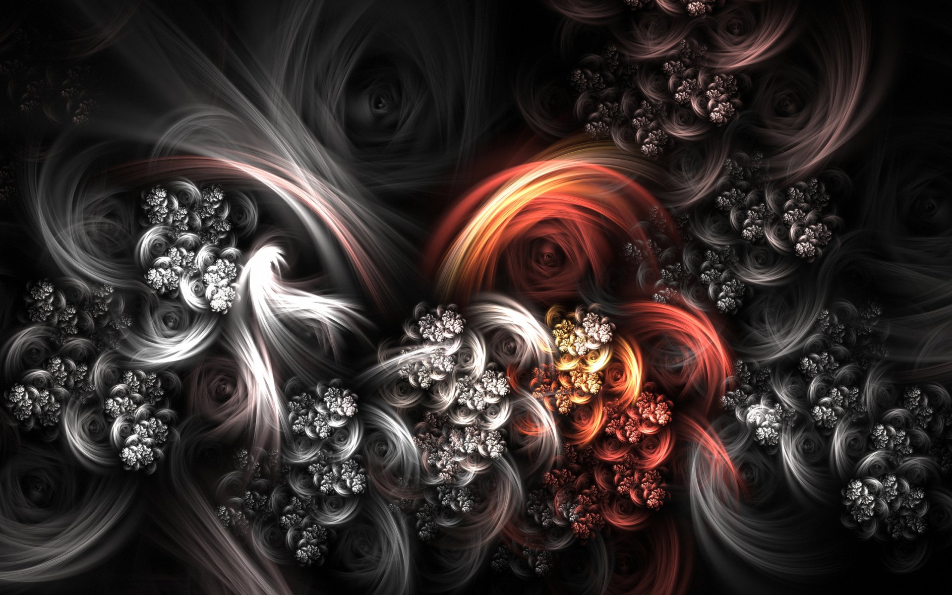 Abstract artistic 2K Quad HD PC desktop wallpaper showing swirling floral fractal forms in black, silver and fiery orange-red accents.