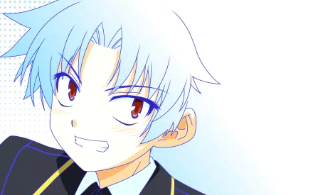 HD PC desktop wallpaper featuring an anime character from Baka and Test with blue hair and a confident smile against a light blue gradient background.