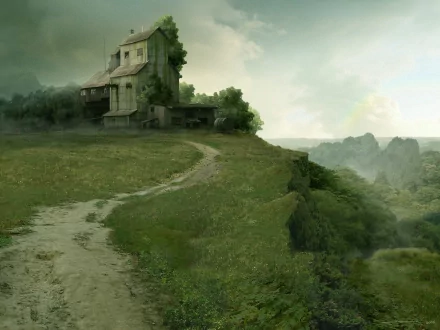 A serene mountain landscape with a winding path leading to a solitary barn and building, amidst lush greenery. This HD nature wallpaper offers a tranquil, earthy background aesthetic.