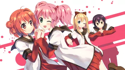 HD wallpaper featuring characters from YuruYuri, showcasing vibrant colors and playful poses against a dynamic background with splashes of pink and red.
