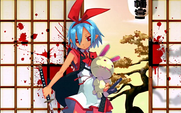 A vibrant HD wallpaper featuring a character from Disgaea, holding a sword and a plush toy, set against a backdrop of stylized Japanese architecture and splattered paint.
