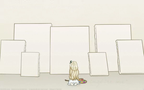 HD Anime desktop wallpaper from Honey and Clover featuring a girl with long blonde hair sitting on the floor, facing blank canvases with an artist's palette.