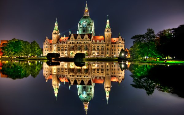 Hecho por el hombre New City Hall (Hanover) Hanover Alemania Edificio City Hall Evening Reflejo Fondo de pantalla HD | Fondo de Escritorio