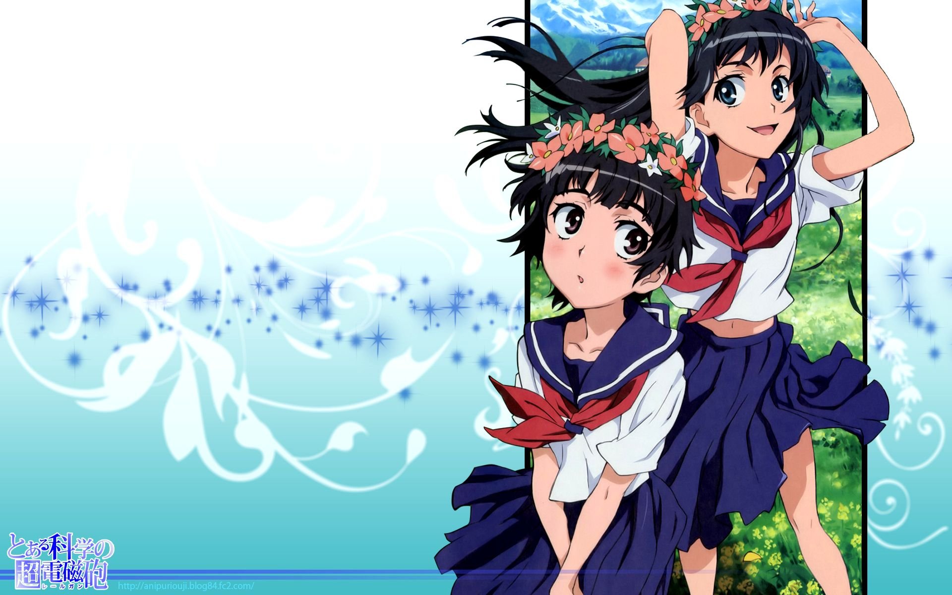 HD PC desktop wallpaper featuring two characters from the anime A Certain Scientific Railgun, both wearing school uniforms with floral headbands against a light blue background.