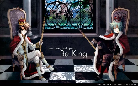 HD anime desktop wallpaper featuring Ayumu Narumi and Hizumi Mizushiro from Spiral: The Bonds of Reasoning, both dressed as kings seated on ornate thrones.