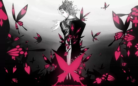 Tyki Mikk from the anime D.Gray-man is depicted in this HD desktop wallpaper, surrounded by vibrant pink butterflies against a striking monochrome background.