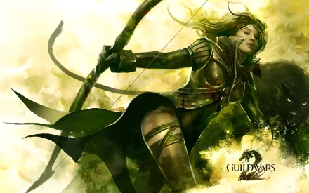 HD desktop wallpaper featuring a dynamic archer character from the video game Guild Wars 2, set against a vibrant, golden-hued background.