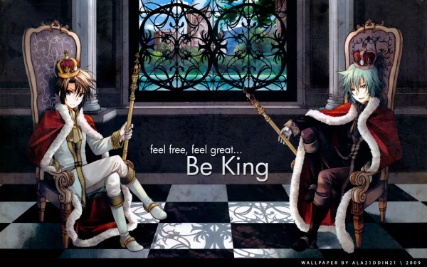 HD anime desktop wallpaper featuring Ayumu Narumi and Hizumi Mizushiro from Spiral: The Bonds of Reasoning, both dressed as kings seated on ornate thrones.