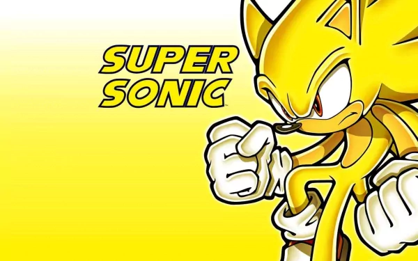 HD desktop wallpaper featuring Super Sonic from the Sonic the Hedgehog video game, with a striking yellow background and bold, determined expression.