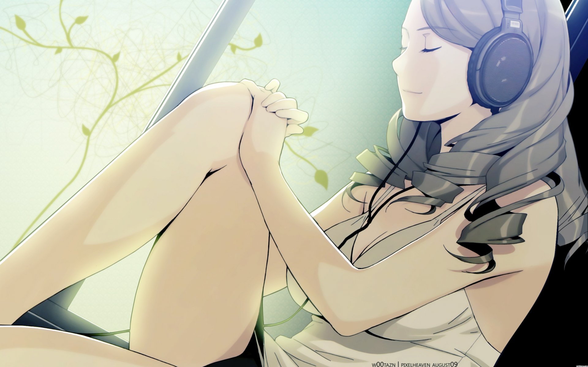 A serene anime girl with long hair wears headphones, sitting peacefully with her legs drawn close. The background features soft light and delicate foliage, creating a calming atmosphere.