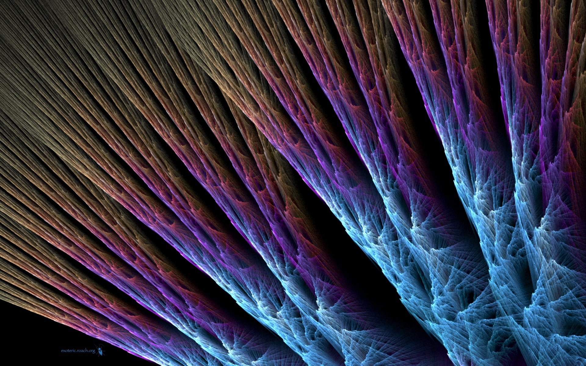 Vibrant psychedelic fractal with swirling abstract patterns in deep blues, purples, and browns, designed as a high-definition PC desktop wallpaper.