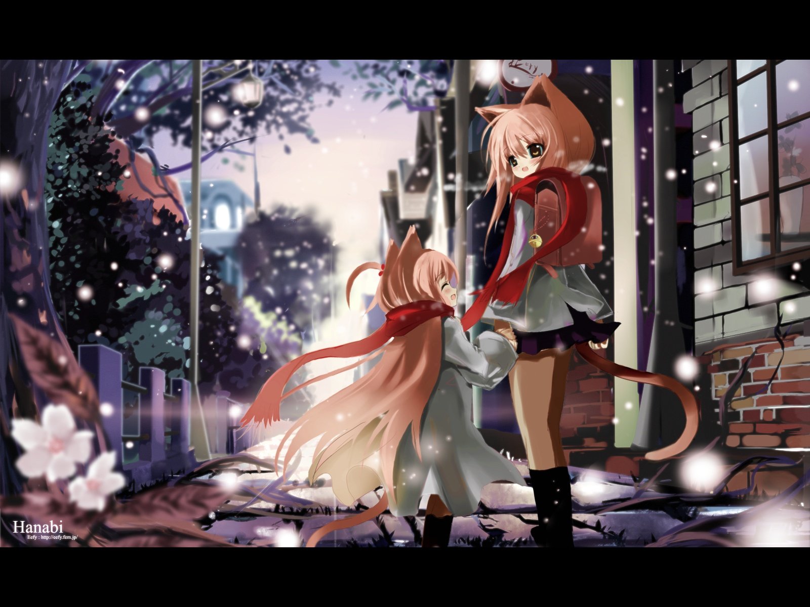 HD anime original desktop wallpaper featuring two cat-eared girls in a snowy, softly lit street scene, blending warm tones and delicate snowfall for a cozy atmosphere.