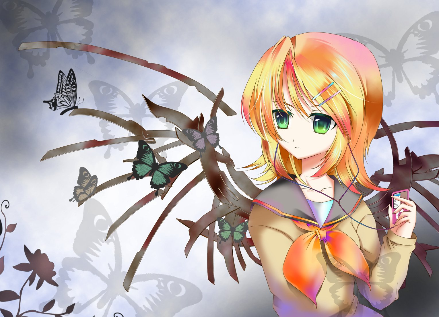 Anime-style Rin Kagamine with blonde hair and green eyes wearing headphones, holding an iPod, surrounded by wings, butterflies, and flowers in a detailed HD desktop wallpaper.