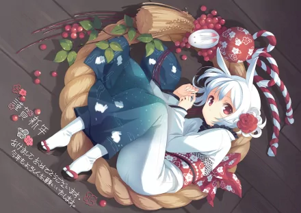animal ears red eyes flower kimono belt smile white hair lying down Anime girl anime girl HD Desktop Wallpaper | Background Image