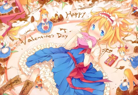 A vibrant Valentine's Day-themed anime image featuring Alice Margatroid with blue eyes and blonde hair, surrounded by cakes, gifts, and flowers, set in a playful atmosphere.