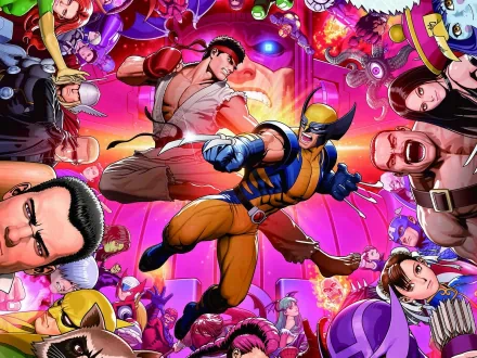 HD desktop wallpaper featuring Marvel vs. Capcom characters including Jean Grey, Captain America, Ghost Rider, Hawkeye, Ryu, Thor, and Wolverine in dynamic poses.