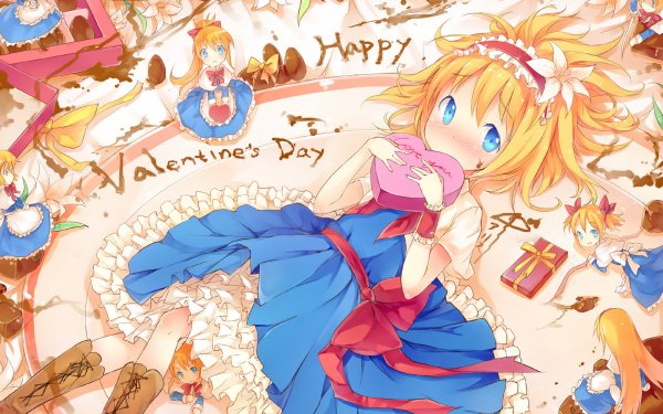 Anime Touhou Valentine's Day Alice Margatroid Shanghai Doll Chocolate Cake Gift Blonde Blue Eyes Boots Flower Dress HD Wallpaper | Background Image