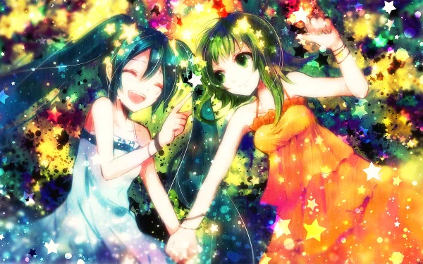 HD anime desktop wallpaper featuring Vocaloid characters Hatsune Miku and GUMI with green and blue hair, green eyes, wearing white and orange dresses, surrounded by colorful stars and light.