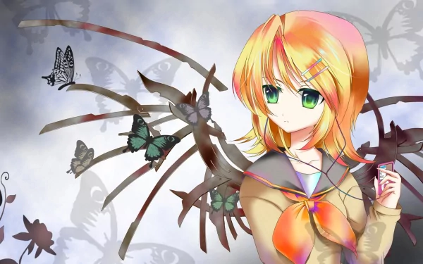 Anime-style Rin Kagamine with blonde hair and green eyes wearing headphones, holding an iPod, surrounded by wings, butterflies, and flowers in a detailed HD desktop wallpaper.