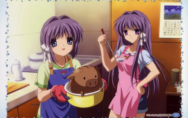 Anime HD desktop wallpaper featuring Botan from Clannad, alongside sisters Kyou and Ryou Fujibayashi cooking together in a cozy kitchen scene.