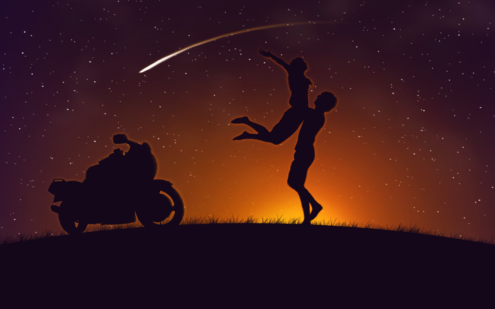 Artistic HD desktop wallpaper depicting a silhouetted couple embracing near a motorcycle under a starry sky with a shooting star, evoking a sense of love and romance.