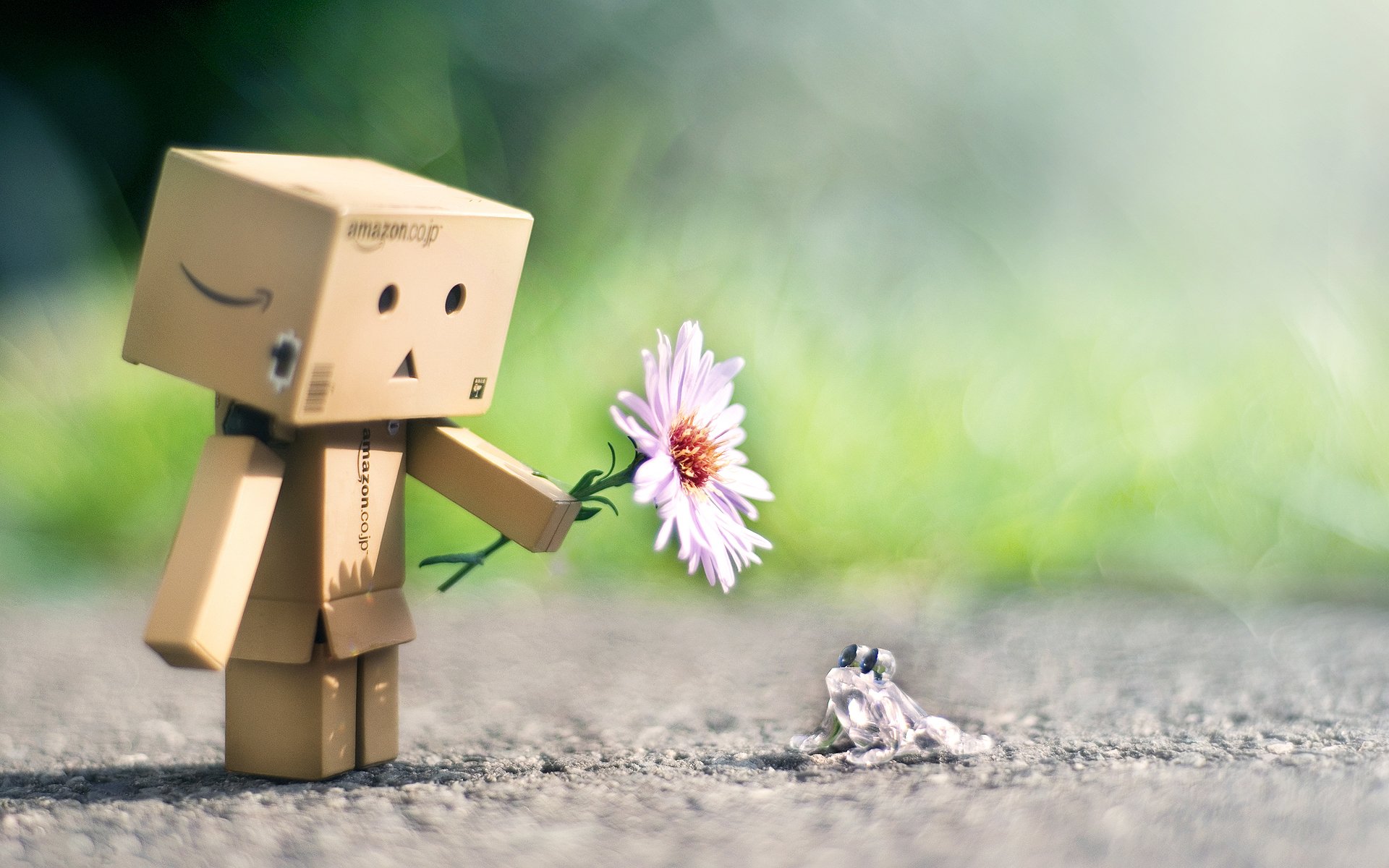 HD desktop wallpaper featuring a manipulated photograph of a small cardboard figure offering a flower to a tiny frog on a blurred natural background.