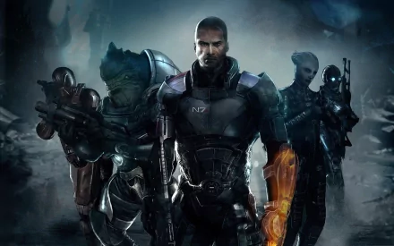 A striking HD wallpaper featuring Commander Shepard from Mass Effect 3, along with allies, set against a dramatic sci-fi backdrop.