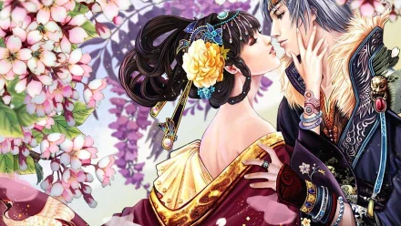 HD desktop wallpaper featuring an artistic depiction of a romantic moment between a couple surrounded by vibrant flowers. The intricate details and soft colors evoke a sense of love and beauty.