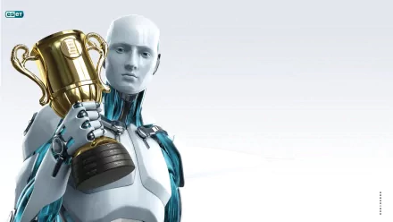 HD PC desktop wallpaper featuring a futuristic robot holding a gold trophy, representing technology and ESET branding.