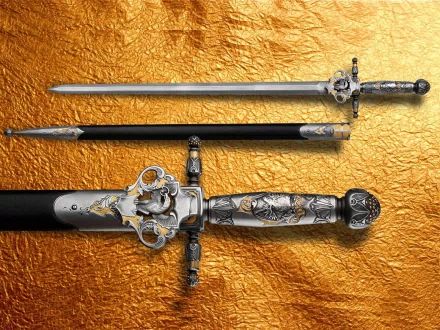 A high-definition desktop wallpaper featuring an intricately designed man-made sword, showcasing detailed craftsmanship against a rich, golden background.