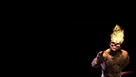 HD desktop wallpaper featuring a character from the video game Twisted Metal, showcasing a fierce, fire-haired figure in an intense pose against a dark background.