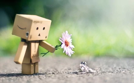 HD desktop wallpaper featuring a manipulated photograph of a small cardboard figure offering a flower to a tiny frog on a blurred natural background.