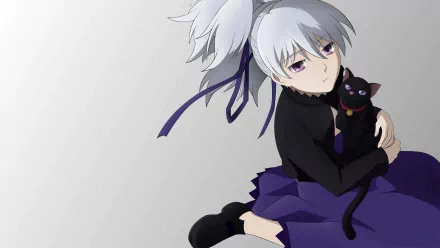 A HD wallpaper featuring Yin from Darker Than Black, depicting her with silver hair and a black cat, set against a sleek, minimalist background.