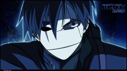 Anime-inspired HD desktop wallpaper featuring Hei from Darker than Black, showcasing his distinctive masked expression against a striking blue background.