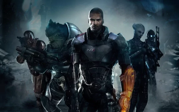 A striking HD wallpaper featuring Commander Shepard from Mass Effect 3, along with allies, set against a dramatic sci-fi backdrop.