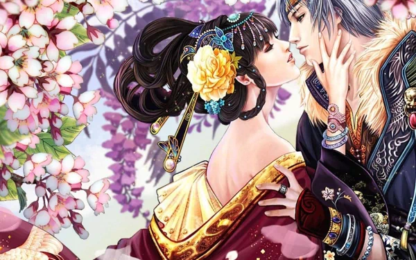 HD desktop wallpaper featuring an artistic depiction of a romantic moment between a couple surrounded by vibrant flowers. The intricate details and soft colors evoke a sense of love and beauty.