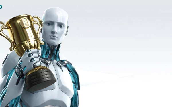 HD PC desktop wallpaper featuring a futuristic robot holding a gold trophy, representing technology and ESET branding.