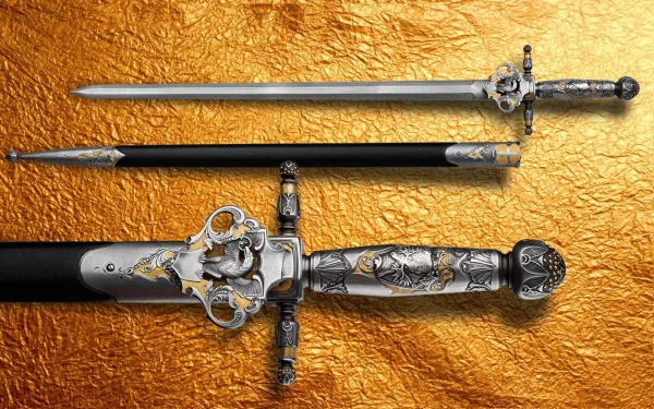 A high-definition desktop wallpaper featuring an intricately designed man-made sword, showcasing detailed craftsmanship against a rich, golden background.