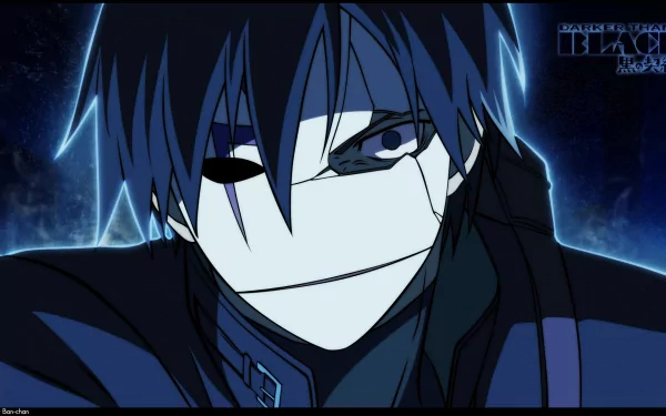 Anime-inspired HD desktop wallpaper featuring Hei from Darker than Black, showcasing his distinctive masked expression against a striking blue background.