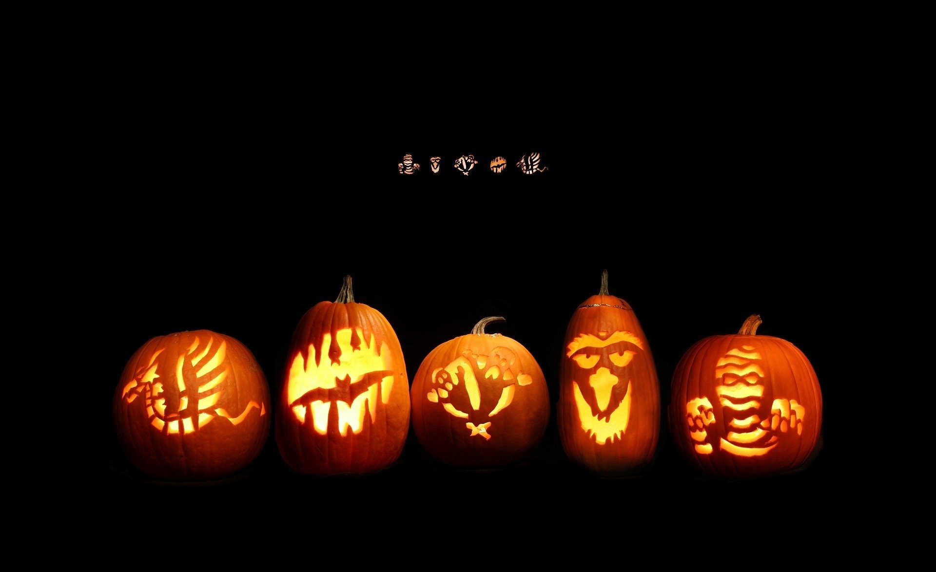 Holiday Halloween HD PC desktop wallpaper: five glowing carved jack-o'-lanterns lined up against a black background.