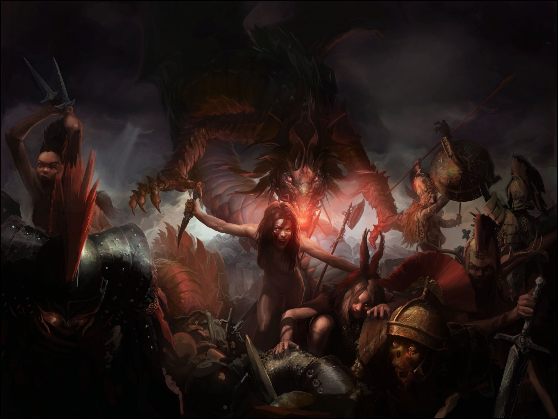 A dramatic fantasy battle scene featuring fierce warriors and a central figure wielding power, set against a dark, ominous backdrop. HD desktop wallpaper for epic themes.
