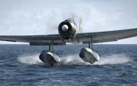 HD desktop wallpaper of a military Aichi E13A seaplane landing on the ocean surface, showcasing detailed aircraft and water effects.