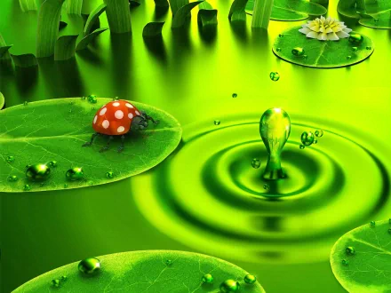 HD artistic nature wallpaper showing a vibrant green pond with lily pads and a red ladybug, capturing serene water ripples and droplets in stunning detail.