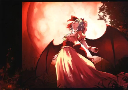A striking 4K Ultra HD anime wallpaper featuring Remilia Scarlet, a vampire with white hair and red eyes, dressed in a flowing red gown under a full moon, showcasing her wings.